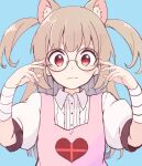  1girl adjusting_eyewear animal_ear_fluff animal_ears apron bandaged_arm bandaged_wrist bandages bespectacled blue_background blush cat_ears center_frills closed_mouth collared_dress commentary_request dress frills glasses hands_up heart heart_print light_brown_hair long_hair looking_at_viewer natori_sana pink_apron puffy_short_sleeves puffy_sleeves red_eyes round_eyewear sana_channel short_sleeves simple_background smile solo two_side_up upper_body v-shaped_eyebrows virtual_youtuber white_dress youasato 