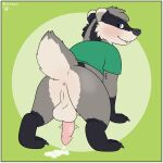  anthro anus backsack badger balls baz_badger blush bodily_fluids bottomless butt clothed clothing cum cum_on_ground european_badger genital_fluids genitals green_clothing green_shirt green_t-shirt green_topwear hi_res male mammal meles mustelid musteline penis presenting presenting_hindquarters rear_view shirt solo t-shirt t-shirt_only topwear xenoyia_(artist) 