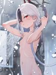  1girl arm_behind_head black_hair blue_archive breasts hair_between_eyes halo highres holding holding_shower_head horns kayoko_(blue_archive) long_hair looking_at_viewer multicolored_hair navel nude parted_lips red_eyes shower_head showering signalviolet small_breasts solo two-tone_hair water white_hair 