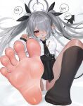  1girl barefoot black_necktie black_socks blue_archive demon_tail dokomon feet foot_focus grey_hair highres iori_(blue_archive) necktie no_shoes panties pointy_ears red_eyes single_barefoot socks soles solo speech_bubble spread_toes tail toes translation_request underwear white_panties 