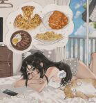 1girl :3 anajudraws animal artist_name balcony bare_shoulders bed bedroom black-framed_eyewear black_hair breasts brown_eyes cat cellphone chest_of_drawers clothes_hanger commentary crossed_arms curry curry_rice day dolphin_shorts dreaming english_commentary fish floral_print food freckles fried_egg full_body glasses gyuudon hair_between_eyes highres hungry imagining indoors katsu_(food) long_hair lying medium_breasts on_bed on_side orange_cat original parted_bangs pasta phone phone_with_ears pillow pizza polka_dot polka_dot_shorts ponytail railing rice semi-rimless_eyewear shorts shrimp sleeveless smartphone solo spaghetti tank_top television thought_bubble under-rim_eyewear white_tank_top window 