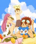  barefoot beak blue_sky chibimon cloud cloudy_sky digimon digimon_adventure_02 digimon_adventure_02:_digimon_hurricane_jouriku!!_chouzetsu_shinka!!_ougon_no_digimental drinking feet gdn0522 goggles goggles_on_head hida_iori highres inoue_miyako legs motomiya_daisuke pink_hair poromon red_eyes sand sky smile sunglasses swimsuit toes upamon 