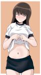  1girl absurdres black_buruma blunt_bangs blush bright_pupils brown_background brown_eyes brown_hair buruma closed_mouth clothes_lift commentary cowboy_shot frown girls_und_panzer gym_shirt gym_uniform half-closed_eyes highres jewelry lifted_by_self long_hair looking_at_viewer mature_female nishizumi_shiho ponzu_rui ring shirt shirt_lift short_sleeves solo standing straight_hair t-shirt wedding_ring white_pupils white_shirt 
