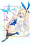  1girl absurdres animal_ears black_socks blonde_hair blue_eyes blue_footwear breasts cleavage elbow_gloves full_body gloves high_heels highres huge_breasts kiyama_satoshi kneehighs mirai_akari open_mouth playboy_bunny rabbit_ears smile socks white_gloves 