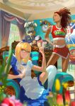  2girls absurdres alice_(alice_in_wonderland) alice_in_wonderland aqua_eyes blue_dress book breasts cheerleader cheshire_cat_(alice_in_wonderland) clock cuckoo_clock cup curtains daruma_doll dreadlocks dress glasses glico glico_man highres indoors kimi_tarou mad_hatter_(alice_in_wonderland) march_hare_(alice_in_wonderland) multiple_girls mushroom navel open_book painting_(object) pouring queen_of_hearts_(alice_in_wonderland) sitting small_breasts smile teacup teapot thighhighs white_thighhighs window yellow_eyes 
