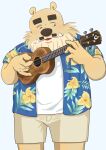  2023 anthro bear black_nose bottomwear brown_body clothing cute_fangs hi_res kemono lute male mammal musical_instrument panda_po plucked_string_instrument shirt shorts simple_background solo string_instrument topwear ukulele 