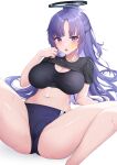  1girl :o absurdres black_shirt blue_archive blue_buruma blush breasts buruma cameltoe clothes_pull deogho_(liujinzy9854) gym_uniform halo highres large_breasts long_hair looking_at_viewer navel official_alternate_costume playing_sports ponytail purple_eyes purple_hair shirt shirt_pull short_sleeves solo spread_legs sticker_on_face sweat thighs white_background yuuka_(blue_archive) yuuka_(gym_uniform)_(blue_archive) 