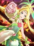  1girl agnete_(precure) baton blonde_hair city clear_glass_(mildmild1311) cure_oasis dress earrings fighting fire green_dress green_eyes hair_ornament highres jewelry leaf_earrings long_hair looking_at_viewer magical_girl open_mouth precure tears thighhighs torn_clothes tropical-rouge!_precure very_long_hair white_thighhighs 