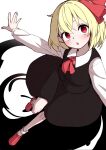  +_+ 1girl :o \||/ ascot black_skirt black_vest blonde_hair blush darkness eyebrows_hidden_by_hair hair_ribbon highres kameyan looking_at_viewer neck_bobbles open_mouth outstretched_arms red_ascot red_eyes red_footwear ribbon rumia shirt shoes short_hair simple_background skirt solo standing standing_on_one_leg touhou vest white_background white_shirt 