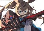  1girl amiya_(arknights) animal_ears aqua_eyes arknights ascot black_coat brown_hair coat covered_mouth gauntlets grey_shirt hand_up holding holding_sword holding_weapon hu_tu long_hair open_clothes open_coat ponytail rabbit_ears reaching reaching_towards_viewer shirt single_gauntlet solo sword twitter_username upper_body v-shaped_eyebrows watermark weapon white_background 