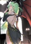  1girl absurdres adomiwan back backless_dress backless_outfit bare_shoulders black_nails blurry blurry_background blush breasts commentary demon_horns demon_tail demon_wings dress ear_piercing earrings from_behind green_hair halloween highres horns jewelry licking_lips long_hair long_sleeves looking_back midori_(adomiwan) original piercing side_slit sideboob single_wing solo tail tongue tongue_out wings yellow_eyes 