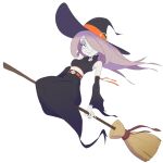  1girl bare_shoulders black_headwear black_nails black_skirt broom broom_riding commentary detached_sleeves english_commentary full_body grin hat hat_ribbon highres little_witch_academia long_hair long_skirt midriff nail_polish piczez purple_hair ribbon sharp_teeth shirt simple_background skirt sleeveless sleeveless_shirt smile solo sucy_manbavaran teeth white_background witch 