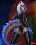 anthro clothing fangs female hair hi_res izneg latex low-angle_view reptile rubber rubber_clothing rubber_suit scalie solo tail teeth white_hair 