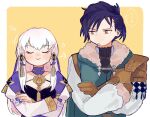  1boy 1girl blue_hair blush crossed_arms felix_hugo_fraldarius fire_emblem fire_emblem:_three_houses height_difference looking_at_another lysithea_von_ordelia ohima17 simple_background smile white_hair yellow_eyes 