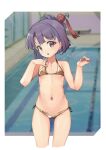  1girl alice_gear_aegis bikini blunt_bangs blurry blurry_background collarbone gold_bikini hair_bun highres indoors lowleg lowleg_bikini mikuraza_azuki navel pool purple_eyes purple_hair short_hair side-tie_bikini_bottom solo standing swimsuit yashin_(yasinz) 