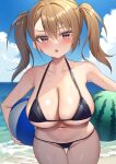  1girl alexmaster ball bare_shoulders beach beachball bikini black_bikini blue_sky blush breasts cleavage collarbone highres large_breasts long_hair looking_at_viewer navel open_mouth original revision sky solo swimsuit thighs twintails wet wide_hips 