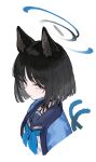  1girl absurdres animal_ears black_eyes black_hair black_sailor_collar blue_archive blue_halo blue_neckerchief cat_ears cat_tail eyeliner halo haori highres japanese_clothes kikyou_(blue_archive) makeup multiple_tails neckerchief nekomata open_mouth portrait red_eyeliner sailor_collar scarlet23i0 school_uniform serafuku short_hair simple_background solo tail two_tails white_background 