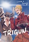  2boys black31116cjp6 black_gloves black_hair blonde_hair blue_sky cigarette coat food gloves gun heart highres holding holding_gun holding_weapon multiple_boys nicholas_d._wolfwood open_mouth pasta red_coat sky spaghetti sun sunglasses teeth trigun twitter_username vash_the_stampede weapon 