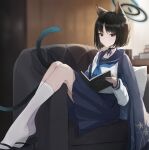  1girl absurdres animal_ears black_dress black_hair blue_archive cat_ears cat_tail closed_mouth dress haori highres japanese_clothes jiang_zhuti_jiojio kikyou_(blue_archive) looking_at_viewer multiple_tails short_hair solo tail two_tails 