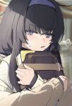  1girl black_hair blue_archive blush book cardigan grey_cardigan hairband highres holding holding_book long_hair long_sleeves looking_at_viewer open_mouth purple_eyes purple_hairband shioda_(shioda_5) solo ui_(blue_archive) upper_body 