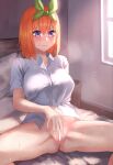  1girl amog bar_censor blue_eyes bob_cut bottomless breasts censored closed_mouth collared_shirt commentary_request female_masturbation fingering go-toubun_no_hanayome green_ribbon hair_between_eyes hair_ribbon highres indoors large_breasts looking_down masturbation medium_hair nakano_yotsuba naked_shirt on_bed orange_hair pussy ribbon shirt short_sleeves sidelighting sitting solo spread_legs sweat textless_version white_shirt window 