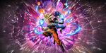  1girl 3boys artist_request blonde_hair blue_footwear breaking crack dragon_ball dragon_ball_(object) jacket kamehameha_(dragon_ball) key_visual long_sleeves multiple_boys muscular muscular_male official_art open_mouth pink_hair promotional_art purple_hair scouter son_goku spiked_hair super_saiyan sword trunks_(dragon_ball) weapon 