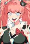  1girl :d :p bai_(lay_sisi) bear_hair_ornament blonde_hair blue_eyes bow breasts cleavage collarbone danganronpa:_trigger_happy_havoc danganronpa_(series) enoshima_junko hair_ornament hands_up highres long_hair looking_at_viewer nail_polish necktie red_nails shirt smile solo teeth tongue tongue_out twintails upper_teeth_only white_necktie 