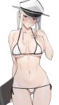  1girl absurdres ass_visible_through_thighs bikini blonde_hair breasts breasts_apart cameltoe collarbone graf_zeppelin_(kancolle) grey_eyes hair_between_eyes hand_on_own_chest hat highres kantai_collection large_breasts long_hair looking_at_viewer micro_bikini military_hat navel side-tie_bikini_bottom solo speech_bubble sweatdrop swimsuit takaman_(gaffe) twintails white_background white_bikini white_headwear 