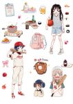  4girls alcohol animal_print apple aqua_shirt backpack bag bandaid bandaid_on_arm bandaid_on_face bandaid_on_nose baseball baseball_bat baseball_cap baseball_mitt baseball_uniform beer beer_mug black_hair black_undershirt blonde_hair blue_eyes blue_headwear blue_shorts blue_vest blush_stickers bottle bow brown_eyes brown_footwear brown_shirt clenched_hand clipboard cotton_swab cross-laced_footwear crying cup curry english_text food frown fruit full_body hair_ribbon hands_on_own_chin hat helmet holding holding_baseball_bat layered_sleeves long_sleeves low_ponytail medium_hair mug multiple_girls open_mouth orange_hair original pants pink_bag pink_bow puffy_long_sleeves puffy_sleeves purple_hair putong_xiao_gou rabbit_print red_footwear ribbon rice rubber_duck shirt shoes short_hair shorts sneakers soccer_uniform socks sparkle sportswear straight_hair stuffed_animal stuffed_rabbit stuffed_toy sushi t-shirt tempura towel twintails umpire upper_body v-shaped_eyebrows vest water_bottle wavy_mouth white_background white_headwear white_pants white_ribbon white_shirt white_socks white_vest 