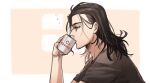  black_hair blue_eyes coffee_mug cup exhausted facial_hair from_side hair_behind_ear highres holding holding_cup holostars holostars_english josuiji_shinri long_hair mug potamikouu simple_background stubble virtual_youtuber white_background 