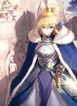  1girl ahoge armor armored_dress artoria_pendragon_(fate) blonde_hair blue_ribbon cape closed_mouth cloud crown fate/grand_order fate_(series) faulds fumi_fumi_(7837224) fur-trimmed_cape fur_trim gauntlets glowing glowing_sword glowing_weapon green_eyes hair_ribbon highres ribbon saber sky solo statue sword wall weapon 