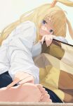  1girl animal_ears barefoot black_pants blonde_hair blue_eyes blush eyelashes fingernails frown hachinatsu highres kotatsu long_hair long_sleeves original pants rabbit_ears shirt soles solo table toes white_background white_shirt 