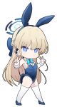  1girl animal_ears bare_shoulders blonde_hair blue_archive blue_bow blue_eyes blue_footwear blue_hair blue_hairband blue_leotard bow braid breasts chibi commentary_request covered_navel double_v earpiece fake_animal_ears hair_between_eyes hair_bow hairband halo hands_up headset high_heels highres leotard long_hair medium_breasts multicolored_hair nyaru_(nyaru_4126) official_alternate_costume playboy_bunny rabbit_ears shoes simple_background solo strapless strapless_leotard streaked_hair thighhighs toki_(blue_archive) toki_(bunny)_(blue_archive) v very_long_hair white_background white_thighhighs wrist_cuffs 
