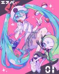  aqua_eyes bag beanie black_socks collared_shirt futaba969649 gloves green_hair hat hatsune_miku highres long_hair looking_at_viewer meloetta one_eye_closed pleated_skirt poke_ball pokemon pokemon_(creature) project_voltage shirt shoulder_bag single_glove skirt socks twintails very_long_hair vocaloid white_footwear white_gloves white_headwear white_shirt 