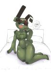  &lt;3 &lt;3_eyes 2021 4_fingers absurd_res ah-64_apache anthro bed blue_eyes breasts female fingers furniture green_body hi_res lagomorph leporid living_helicopter mammal navel on_bed rabbit sat_v12 smile solo tail tongue tongue_out wide_hips 