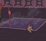  1girl 1other air_bubble bathing blush braid brown_hair bubble closed_eyes commentary_request fucca highres long_hair low_twin_braids madotsuki nose_blush onsen onsen-san_(yume_nikki) open_mouth out_of_frame outstretched_arm partially_submerged refraction relaxing solo_focus steam tile_floor tiles twin_braids water wide_shot yume_nikki 
