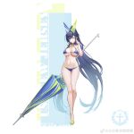  1girl absurdly_long_hair absurdres azur_lane bare_shoulders bikini blue_bikini blue_eyes blue_hair breasts character_name cleavage closed_mouth copyright_name criss-cross_halter full_body green_footwear hair_between_eyes halterneck hand_on_own_face highres holding holding_umbrella large_breasts long_hair navel new_jersey_(azur_lane) new_jersey_(midsummer_leisure)_(azur_lane) official_alternate_costume one_eye_closed ponytail simple_background slippers smile solo swimsuit umbrella very_long_hair yyy_(zelda10010) 