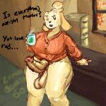  andromorph animal_crossing animated anthro autumn balls beverage big_balls big_penis bottomless bottomless_gynomorph bottomless_intersex canid canine canis clothed clothing desk dialogue domestic_dog furniture genitals gynomorph holding_beverage holding_mug holding_object hot_beverage humanoid_genitalia humanoid_penis inside intersex isabelle_(animal_crossing) leaning_on_table lemonscented60 looking_at_viewer mammal mostly_nude mug nintendo office penis plantigrade shih_tzu solo solo_focus solo_in_panel sweater table talking_to_viewer throbbing_penis topwear toy_dog window 