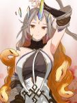  1girl armpits bare_shoulders breasts closed_mouth expressionless fire_emblem fire_emblem_heroes gold grey_hair gullveig_(fire_emblem) gullveig_(seer_beyond_time)_(fire_emblem) highres horns large_breasts long_hair looking_at_viewer matchanosuke_fe official_alternate_costume single_horn snake upper_body yellow_eyes 