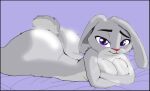  anthro bed big_breasts big_butt breasts butt crossed_arms cute_expression cute_eyes disney female female/female floppy_ears furniture glistening glistening_body glistening_eyes grey_body hi_res highlights_(coloring) humanoid judy_hopps lagomorph leporid lustful_gaze lying mammal on_front purple_eyes rabbit scut_tail short_tail smerk smile solo tail the_good_guy_two thick_thighs zootopia 