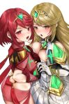  2girls absurdres asada_sadao blonde_hair blush breast_press breasts butt_crack chest_jewel earrings fingerless_gloves gloves headpiece highres holding_hands interlocked_fingers jewelry large_breasts long_hair looking_at_viewer multiple_girls mythra_(xenoblade) pyra_(xenoblade) red_eyes red_hair short_hair shorts swept_bangs symmetrical_docking tiara very_long_hair xenoblade_chronicles_(series) xenoblade_chronicles_2 yellow_eyes 