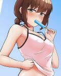  1girl alternate_costume arthur_ko blue_background breasts brown_hair camisole food fubuki_(kancolle) green_hair kantai_collection looking_at_viewer low_ponytail popsicle sidelocks small_breasts solo unfinished upper_body white_camisole 