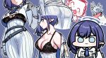  1boy 1girl aoi_(blue_archive) arona&#039;s_sensei_doodle_(blue_archive) black_bra blue_archive bra breasts cleavage cropped_shirt halo hetero high-waist_pants jazz_jack large_breasts looking_at_viewer multiple_views outline pants pantylines pointy_ears sensei_(blue_archive) shirt simple_background underwear white_outline white_pants white_shirt 