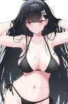  1girl armpits bare_shoulders bikini black_hair blue_archive blush breasts bright_pupils cleavage closed_mouth collarbone earrings groin hair_ornament hairclip hands_in_hair highres jewelry large_breasts long_hair looking_to_the_side navel red_eyes reia_76 rio_(blue_archive) side-tie_bikini_bottom simple_background skindentation solo string_bikini stud_earrings swimsuit twitter_username very_long_hair wet wet_hair white_background white_pupils 