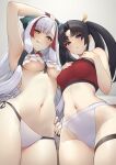  2girls :p animal_print bare_shoulders bikini black_hair blue_eyes blush breasts fate/grand_order fate_(series) frilled_bikini frills from_below highres horns kiichi_hougen_(fate) kiichi_hougen_(pinky_beach)_(fate) long_hair looking_at_viewer medium_breasts multicolored_hair multiple_girls orange_eyes parted_bangs pinta_(ayashii_bochi) pointy_ears red_bikini sidelocks simple_background single_hair_ring smile streaked_hair swimsuit tassel thigh_strap tongue tongue_out underboob ushiwakamaru_(fate) ushiwakamaru_(swimsuit_assassin)_(fate) ushiwakamaru_(swimsuit_assassin)_(second_ascension)_(fate) very_long_hair white_background white_bikini white_hair 