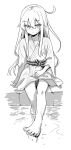  1girl barefoot bath_yukata expressionless greyscale hair_between_eyes hibiki_(kancolle) highres japanese_clothes kantai_collection kimono long_hair misato_(3_5_7) monochrome sitting sketch soaking_feet solo toes verniy_(kancolle) water yukata 