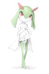  1boy blush clothed_pokemon clothes_lift colored_skin flat_chest green_hair green_skin kirlia looking_at_viewer multicolored_skin pokemon pokemon_(creature) red_eyes ripu_(lipi) simple_background skirt skirt_lift solo two-tone_skin white_skin 