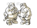  2023 anthro bear bottomwear clothing duo fatyogi hat headgear headwear hi_res kemono male mammal overweight overweight_male pants shirt simple_background topwear visor weapon 