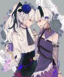  2girls anniversary bandaged_arm bandages bare_shoulders black_hair black_nails black_neckerchief black_skirt blue_flower center_frills commentary cowboy_shot detached_sleeves doily dress dual_persona expressionless face-to-face floral_background floral_print flower flower_(vocaloid) flower_(vocaloid4) frills grey_background hair_flower hair_ornament headset highres holding holding_hands holding_microphone long_hair looking_at_another microphone multicolored_hair multiple_girls neckerchief ponytail purple_dress purple_eyes shirt short_hair skirt sparkle streaked_hair vocaloid white_hair white_shirt yellow_flower yu_(4yc1lz5yhaecrlv) 