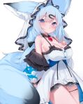  1girl animal_ear_fluff animal_ears bare_shoulders blue_eyes blue_hair blush breasts cleavage detached_collar dress eip_(pepai) gradient_eyes hair_ornament hairclip hand_on_own_chest highres large_breasts light_blue_hair long_hair looking_at_viewer multicolored_eyes off_shoulder original pink_eyes simple_background sleeveless sleeveless_dress solo tail thigh_strap white_background white_dress white_headdress white_veil 